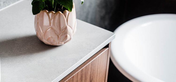 Timber Vanity in dark bathroom