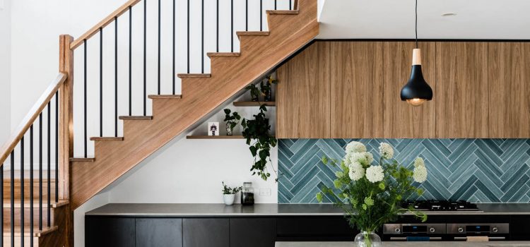 Modern Kitchen with Green Herringbone tiles